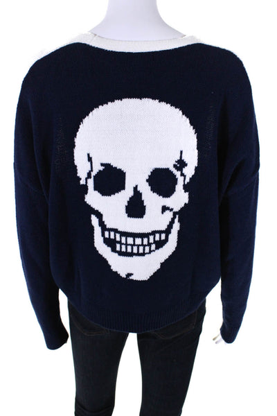 Skull Cashmere Womens Long Sleeve V Neck Skull Back Sweater Navy Blue Size XS