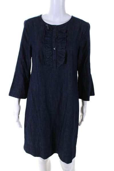 Draper James Womens 3/4 Sleeve Crew Neck Ruffled Denim Dress Blue Size 8