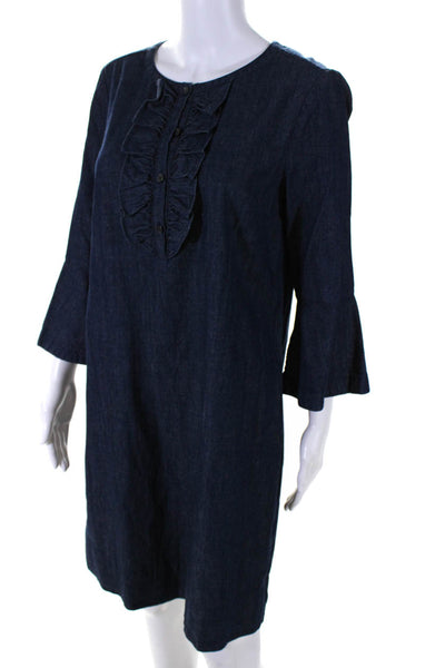 Draper James Womens 3/4 Sleeve Crew Neck Ruffled Denim Dress Blue Size 8