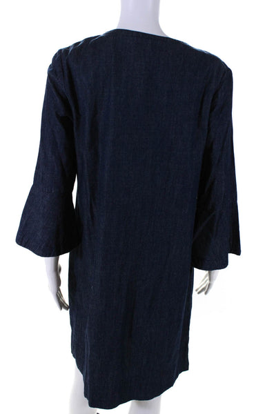 Draper James Womens 3/4 Sleeve Crew Neck Ruffled Denim Dress Blue Size 8