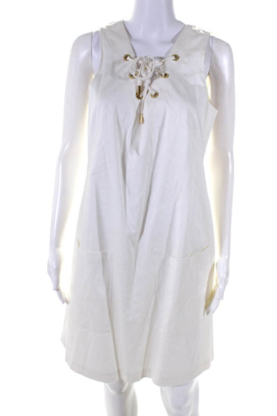 Calvin Klein Womens Back Zip Lace Up V Neck Pocket Shift Dress White Size 12