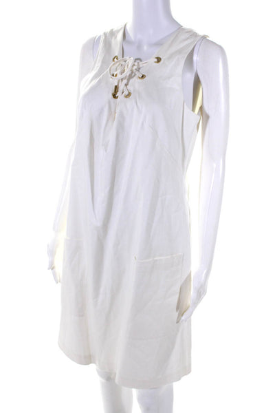 Calvin Klein Womens Back Zip Lace Up V Neck Pocket Shift Dress White Size 12