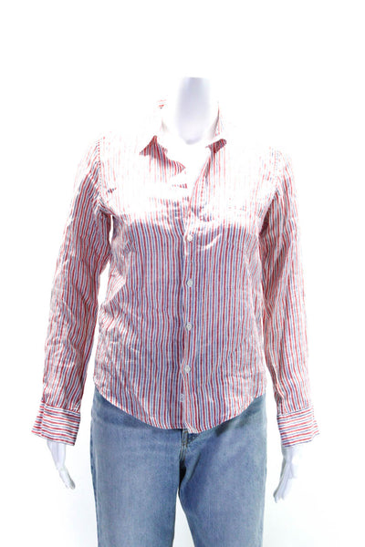 Frank & Eileen Womens Button Front Collared Striped Shirt White Red Blue Size XS