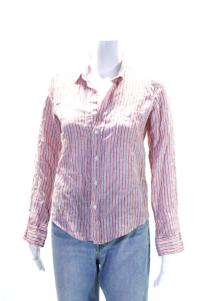 Frank & Eileen Womens Button Front Collared Striped Shirt White Red Blue Size XS