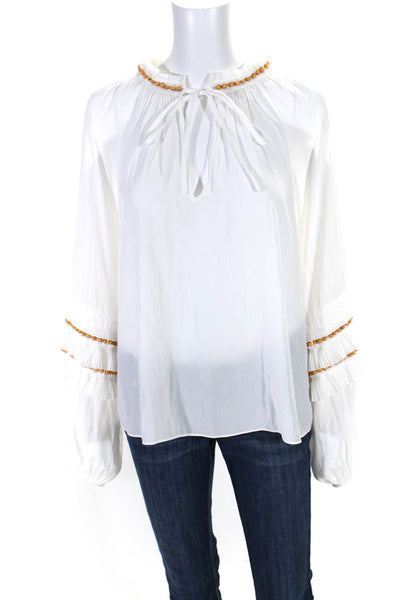 Ramy Brook Women's V-Neck Beaded Long Sleeves Flowy Blouse Cream  Size M