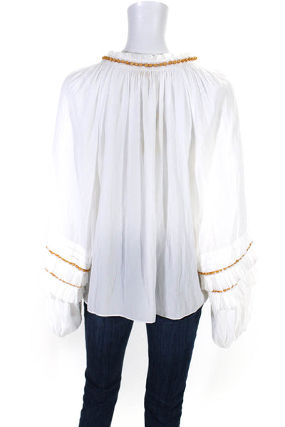 Ramy Brook Women's V-Neck Beaded Long Sleeves Flowy Blouse Cream  Size M