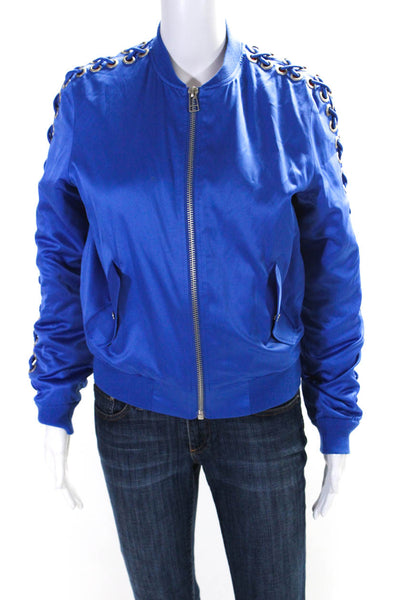 Suncoo Womens Laced Sleeve Satin Full Zip Bomber Jacket Blue Size 1