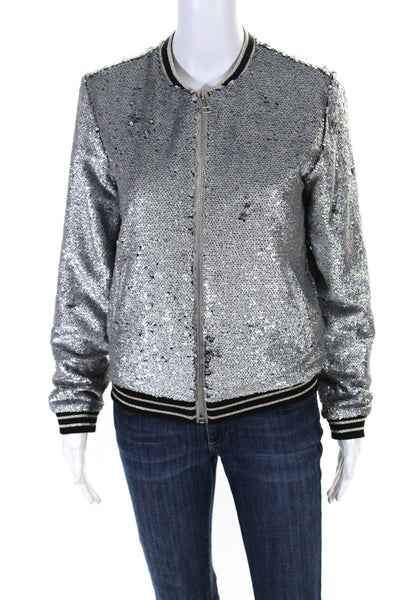 Suncoo Womens Glitter Sequin Full Zip Bomber Jacket Silver Size 1