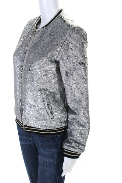 Suncoo Womens Glitter Sequin Full Zip Bomber Jacket Silver Size 1