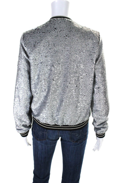 Suncoo Womens Glitter Sequin Full Zip Bomber Jacket Silver Size 1