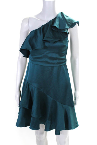 Halston Womens Satin Ruffle Sleeveless Sheath Dress Teal Blue Size 6