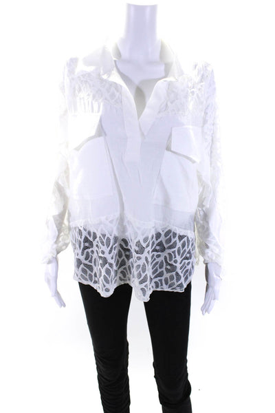 Briefly Womens 3/4 Sleeve Collared Lace Trim Oversized Shirt White Size 1