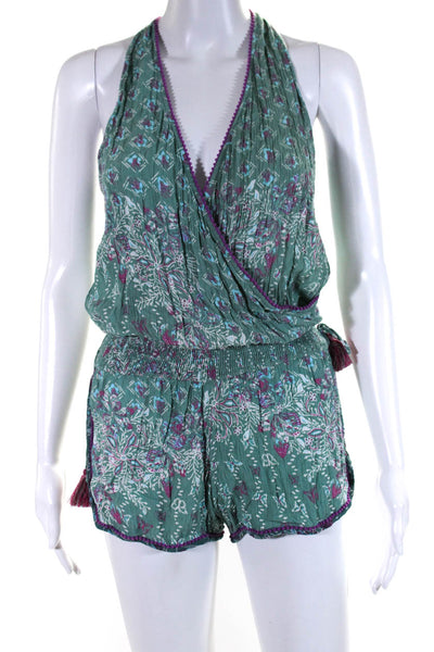 Poupette St. Barth Womens Surplice Floral Sleeveless Romper Green Magenta XS