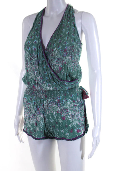 Poupette St. Barth Womens Surplice Floral Sleeveless Romper Green Magenta XS