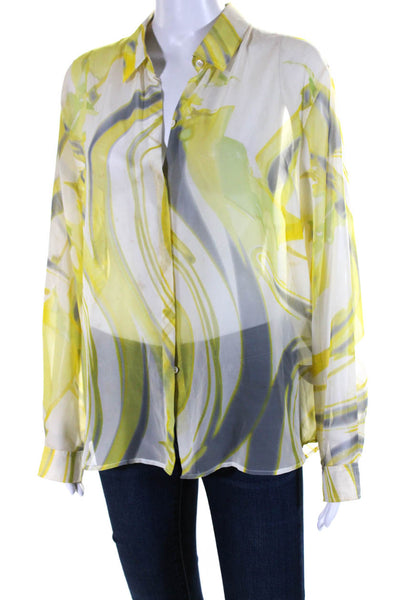 Feraud Womens Yellow Printed Collar Long Sleeve Button Down Blouse Top Size 10