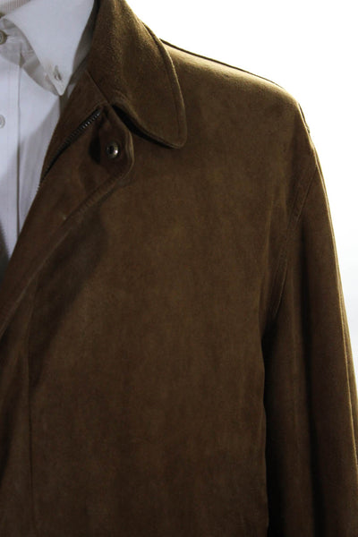 Faconnable Mens Brown Leather Collar Full Zip Long Sleeve Coat Jacket Size L