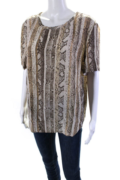 Equipment Femme Womens Silk Snakeskin Print Short Sleeve Blouse Top Brown Size L