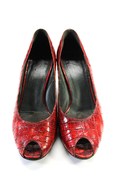 Donald J Pliner Womens Leather Alligator Embossed Peep Toe Pumps Red Size 8.5