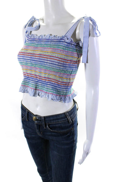 Petersyn Womens Blue Cotton Multicolor Striped Smocked Sleeveless Crop Top Size