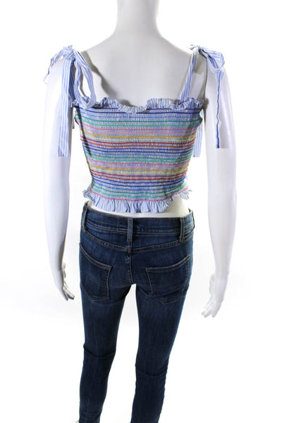 Petersyn Womens Blue Cotton Multicolor Striped Smocked Sleeveless Crop Top Size