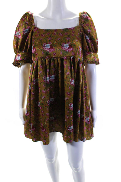 Love Shack Fancy Womens Brown Floral Square Neck Mini A-line Dress Size 2