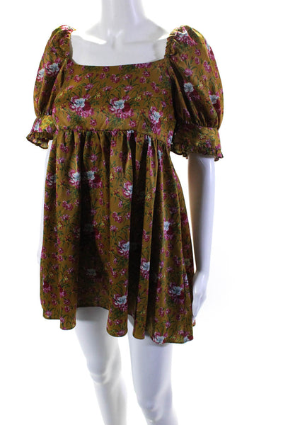 Love Shack Fancy Womens Brown Floral Square Neck Mini A-line Dress Size 2