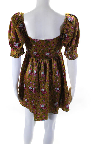 Love Shack Fancy Womens Brown Floral Square Neck Mini A-line Dress Size 2