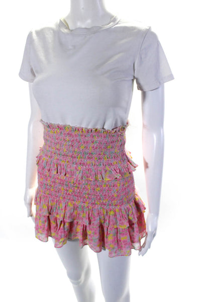 Love Shack Fancy Womens Pink Cotton Floral Smocked Ruffle Mini Skirt Size S