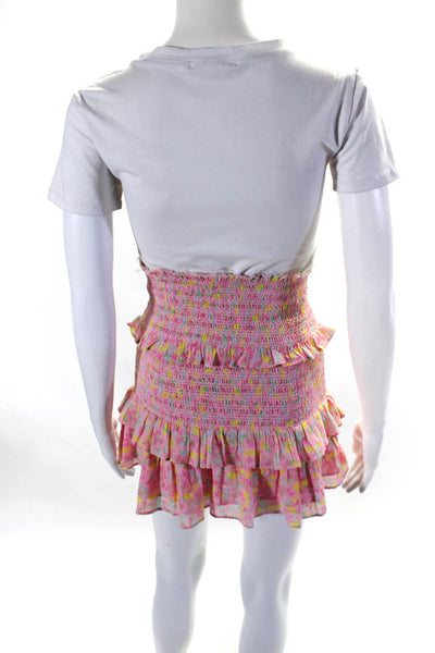 Love Shack Fancy Womens Pink Cotton Floral Smocked Ruffle Mini Skirt Size S