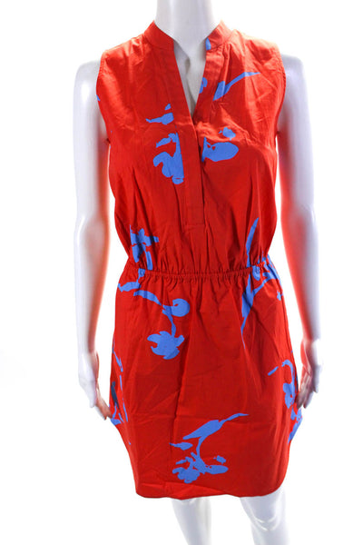 Tory Burch Womens Y Neck Sleeveless Printed Poplin Sheath Dress Red Blue Size 4