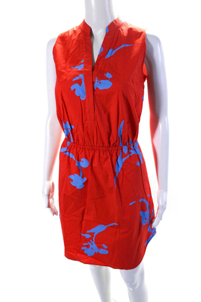 Tory Burch Womens Y Neck Sleeveless Printed Poplin Sheath Dress Red Blue Size 4