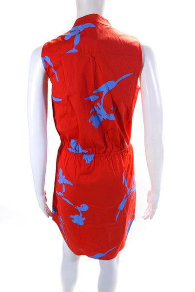 Tory Burch Womens Y Neck Sleeveless Printed Poplin Sheath Dress Red Blue Size 4