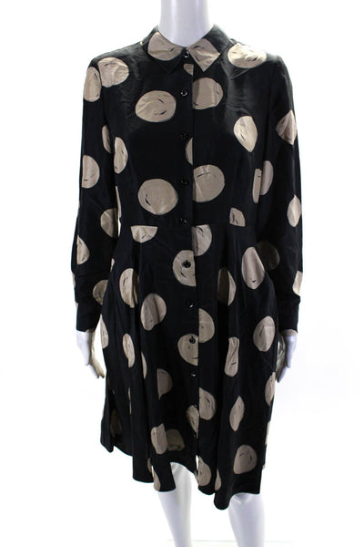 Kate Spade Womens Polka Dot Long Sleeve Satin Shirt Dress Black Beige Size 6