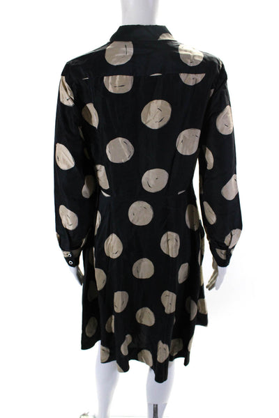 Kate Spade Womens Polka Dot Long Sleeve Satin Shirt Dress Black Beige Size 6