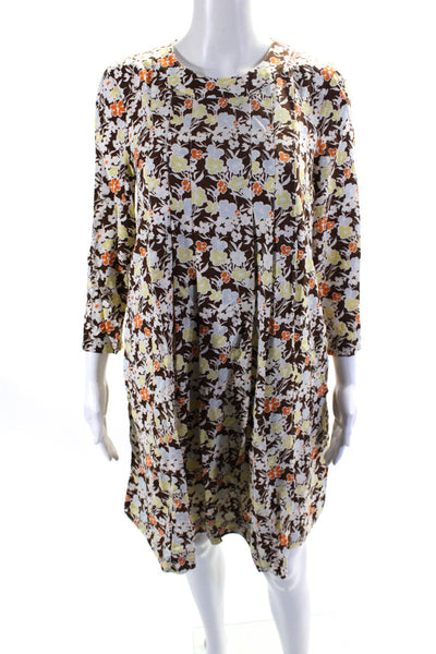 Tory Burch Womens Long Sleeve Floral Shift Dress Brown Yellow Silk Size 4