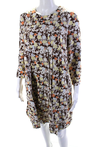 Tory Burch Womens Long Sleeve Floral Shift Dress Brown Yellow Silk Size 4