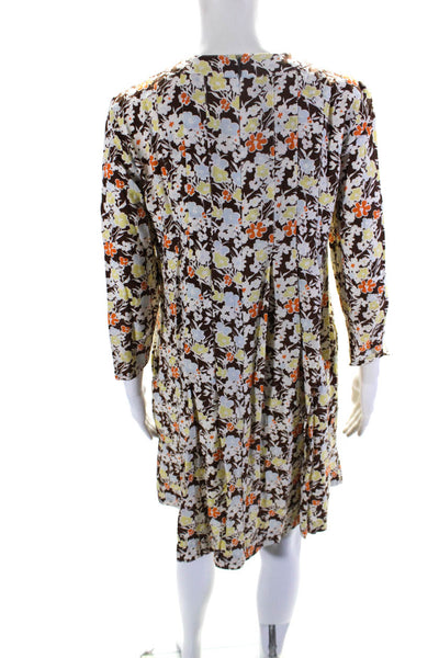 Tory Burch Womens Long Sleeve Floral Shift Dress Brown Yellow Silk Size 4