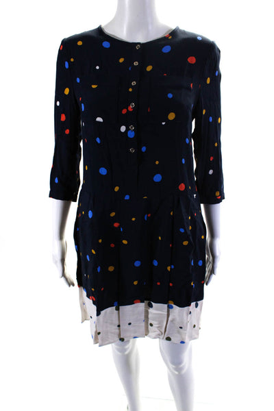 Ted Baker Womens Pleated Polka Dot Henley Drop Waist Dress Navy Blue Size 1