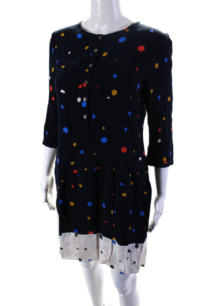 Ted Baker Womens Pleated Polka Dot Henley Drop Waist Dress Navy Blue Size 1