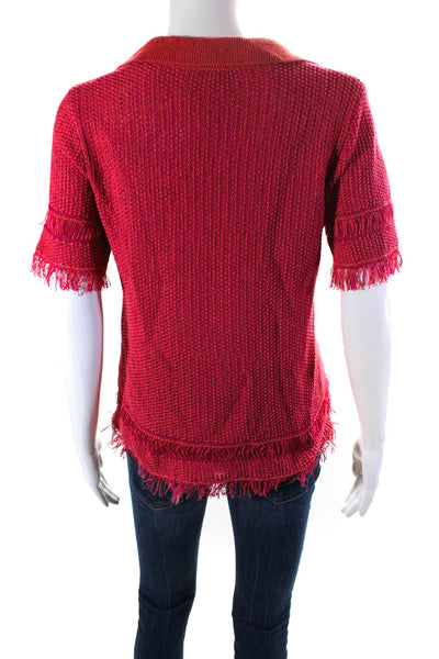 Tory Burch Womens Fringe Hem Short Sleeve Collar Polo Sweater Pink Size Small