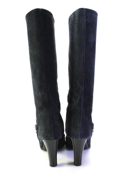 Delman Womens High Heel Fold Over Suede Tall Boots Navy Blue Size 8