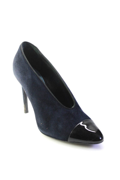 Lanvin Womens Patent Leather Cap Toe Slip On Stiletto Pumps Navy Suede Size 38 8