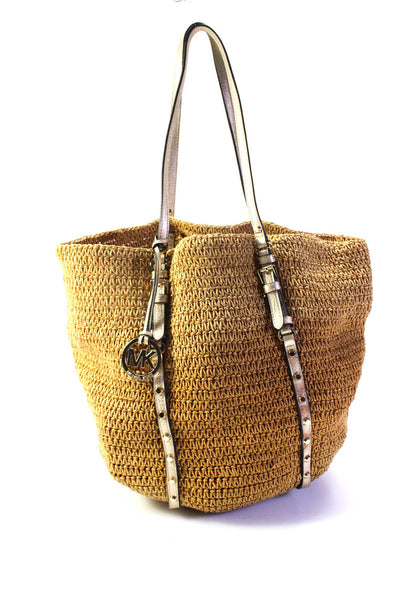 Michael Michael Kors Womens Double Handle Raffia Tote Handbag Brown Gold Tone