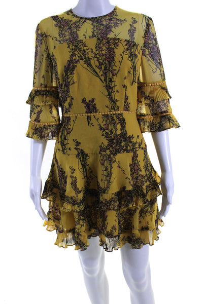 Keepsake Women Pleated Half Sleeve Floral Mini Chiffon A Line Dress Yellow Small