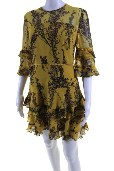 Keepsake Women Pleated Half Sleeve Floral Mini Chiffon A Line Dress Yellow Small