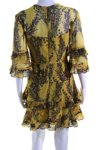 Keepsake Women Pleated Half Sleeve Floral Mini Chiffon A Line Dress Yellow Small