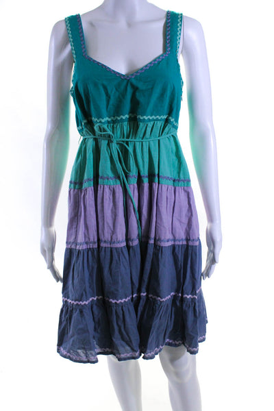 Twinset Womens Tiered Color Block Ric Rac Swing Dress Turquoise Purple IT 40