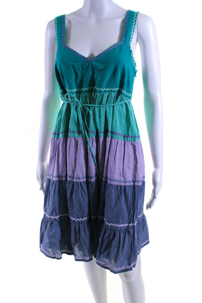 Twinset Womens Tiered Color Block Ric Rac Swing Dress Turquoise Purple IT 40