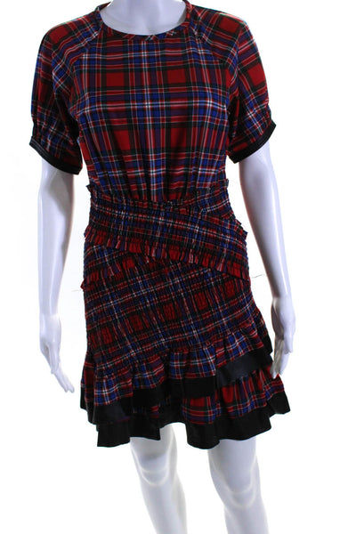 Tanya Taylor Womens Asymmetric Smocked Plaid Sheath Dress Red Blue Green Size 6