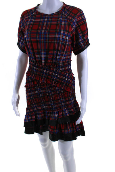 Tanya Taylor Womens Asymmetric Smocked Plaid Sheath Dress Red Blue Green Size 6